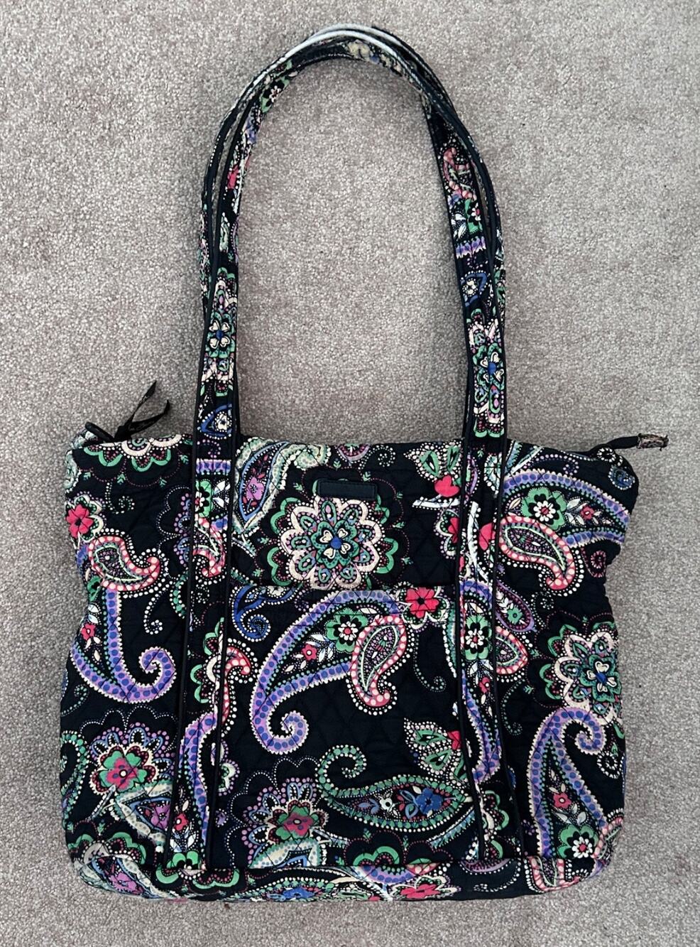 Vera Bradley Kiev Paisley Black Quilted Zipper Tote Bag, Pockets, Double Handle